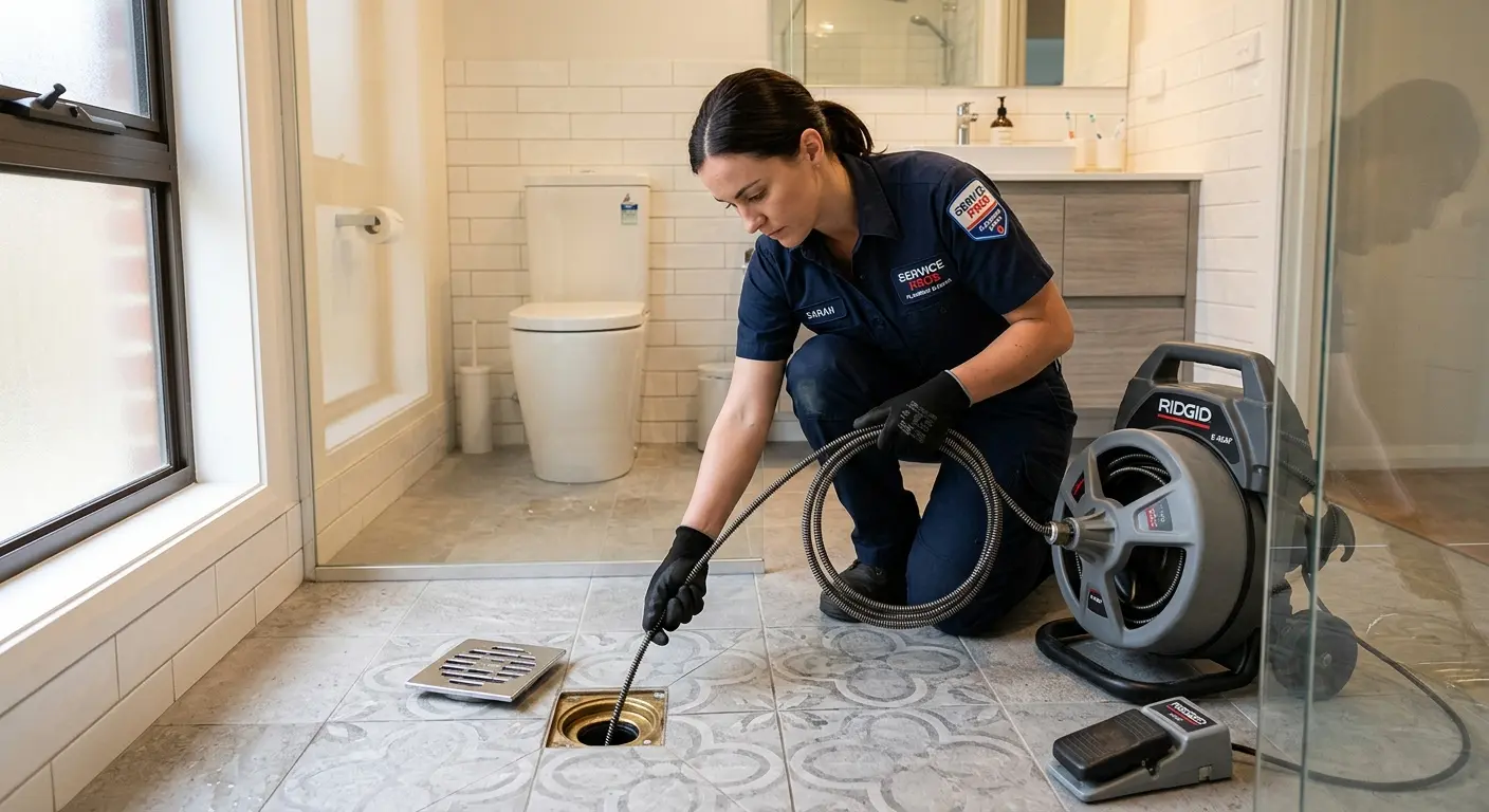 Technician clearing a bathroom floor drain for Hydro Jetting in Marshall